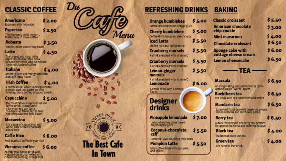 Artisan Café & Craft Brews Menu