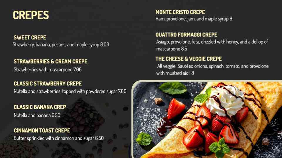 Sleek Crepe & Dessert Menu