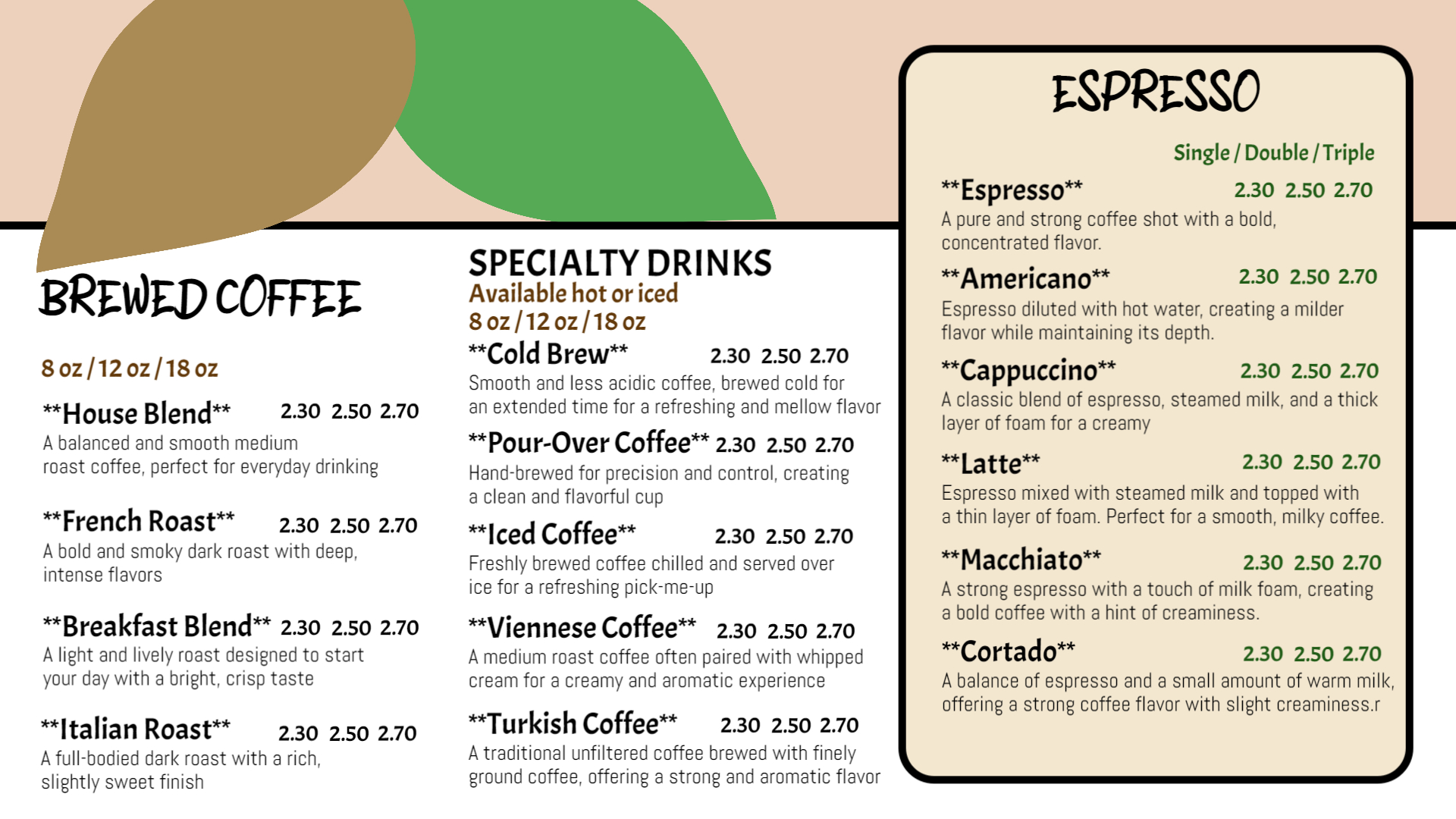 Artisan Café Menu Display