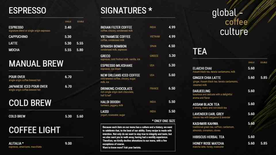 Global Coffee & Specialty Brew Menu