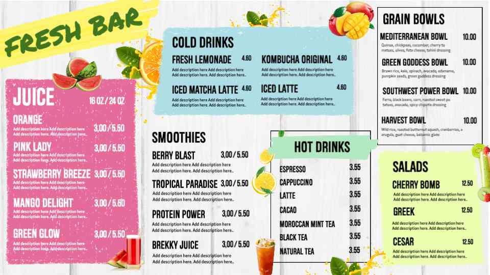 Fresh Sips & Smoothie Selections Menu