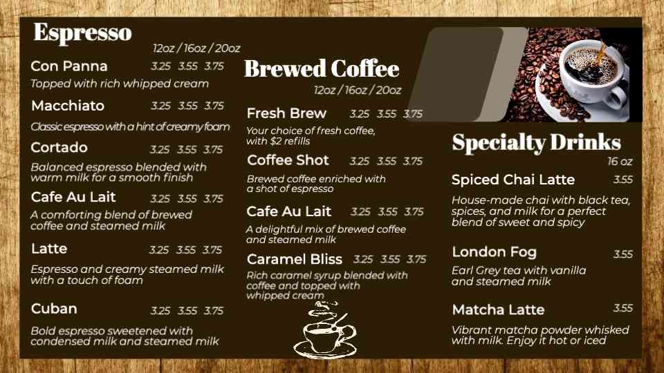 Espresso & Specialty Brews Menu