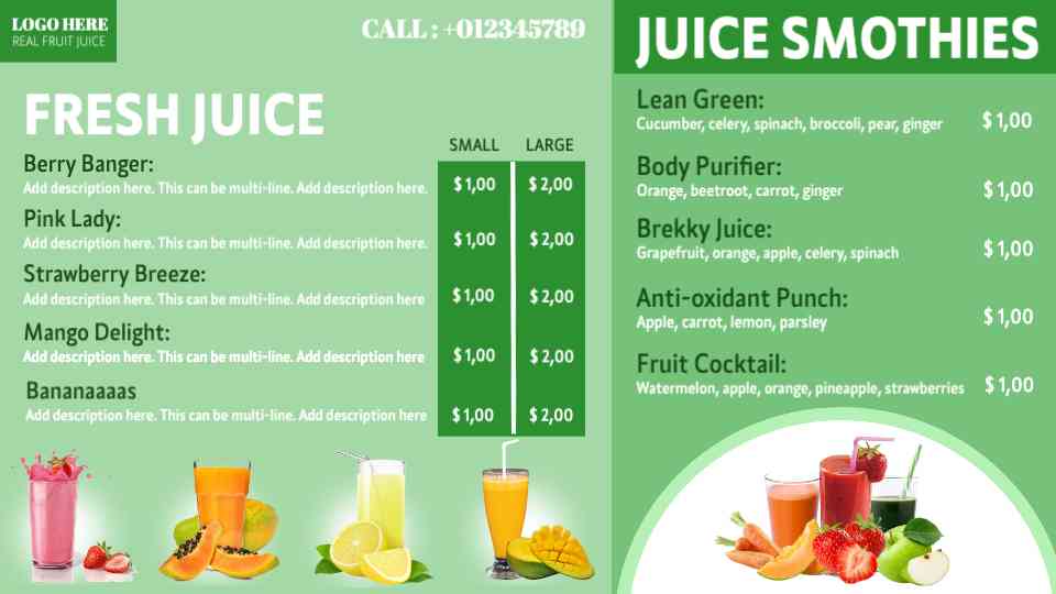 Juicy Refreshments & Smoothie Selections Menu