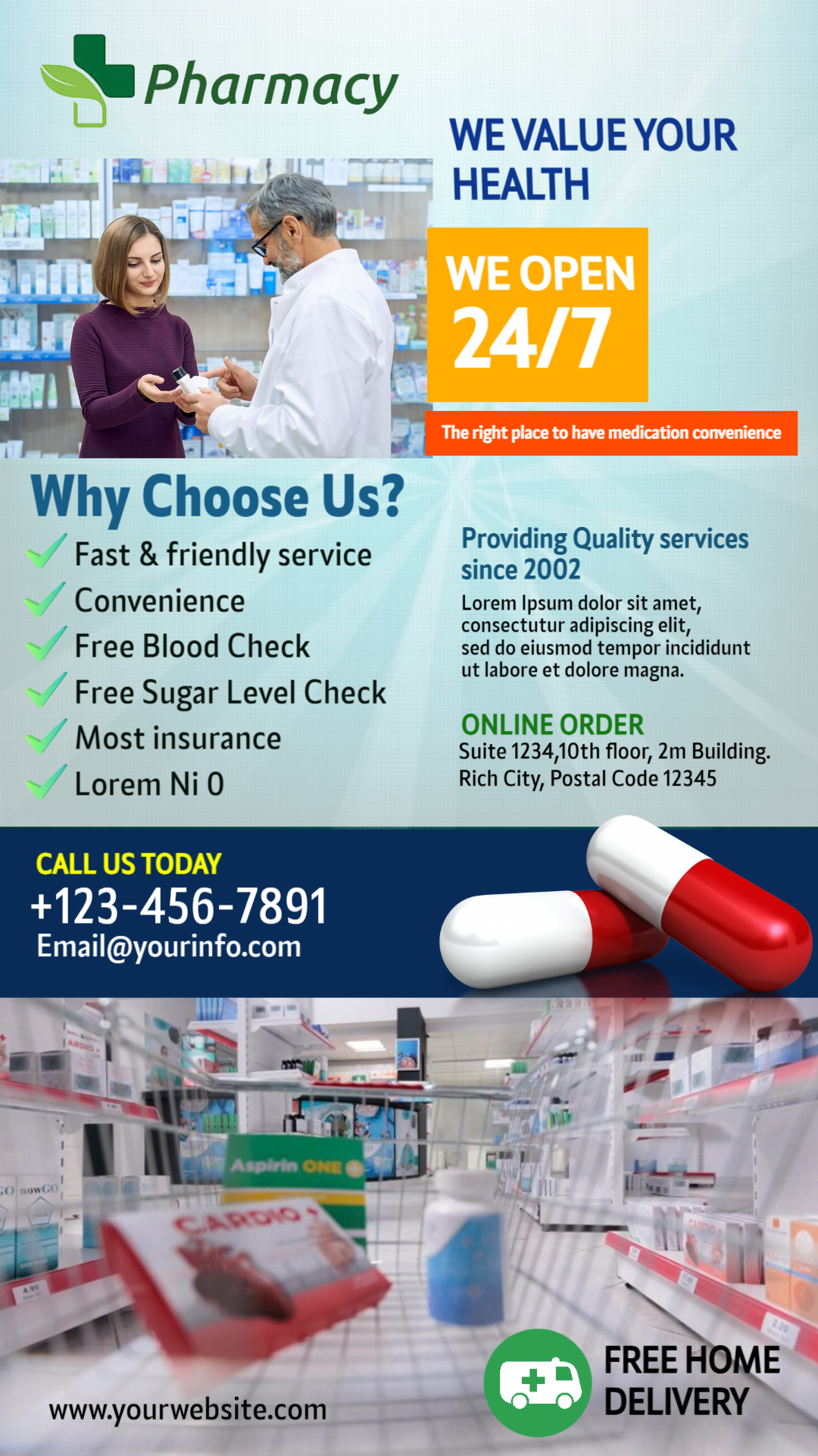 Pharmacy Store Poster Template – 24/7 Treatment & Savings