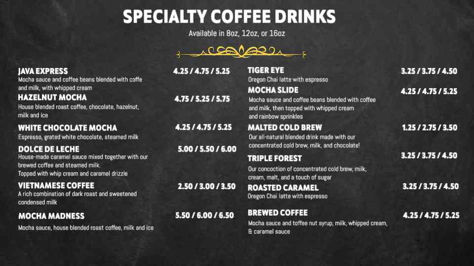 Bold Coffee Creations Menu Display