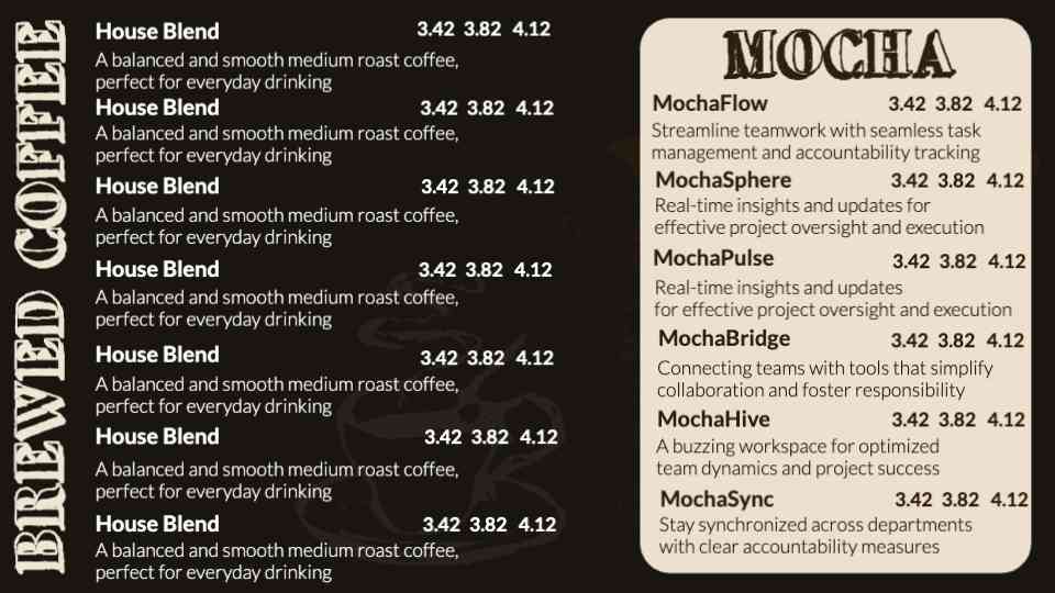 Brewed & Mocha Selections Menu