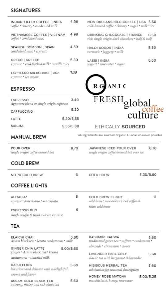 Global Coffee & Tea Creations Menu