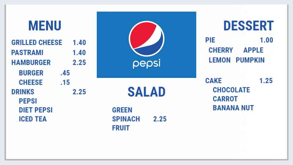 Pepsi & Classic Diner Fare Menu