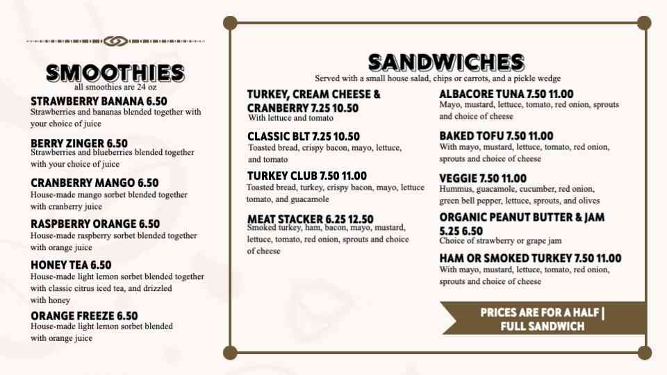 Smoothie & Sandwich Essentials Menu
