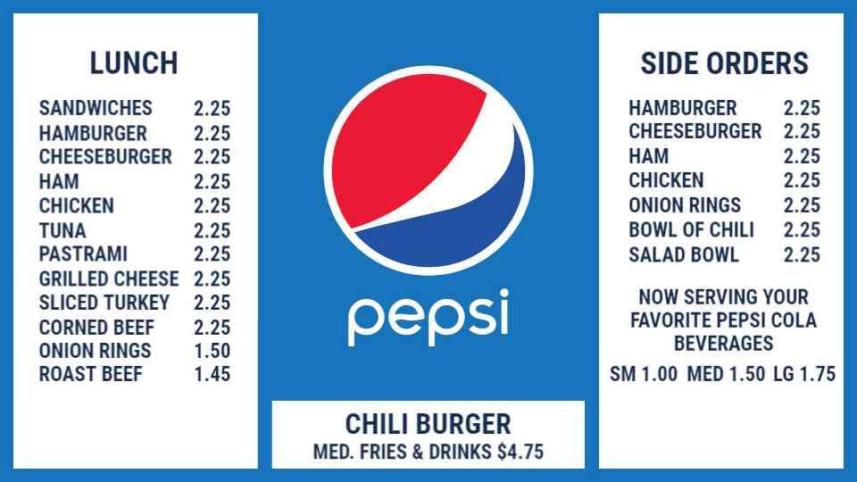 Pepsi Diner Classic Offerings Menu