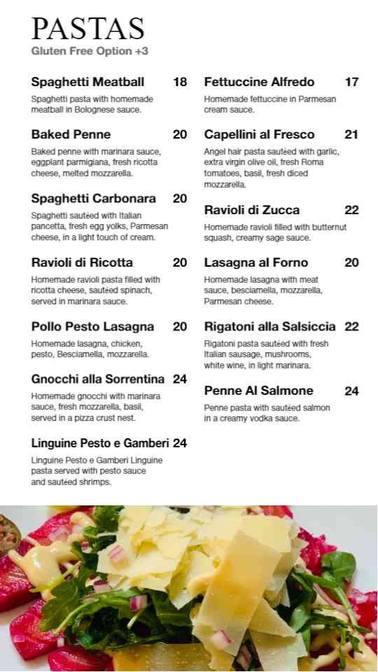Signature Pasta Creations Menu
