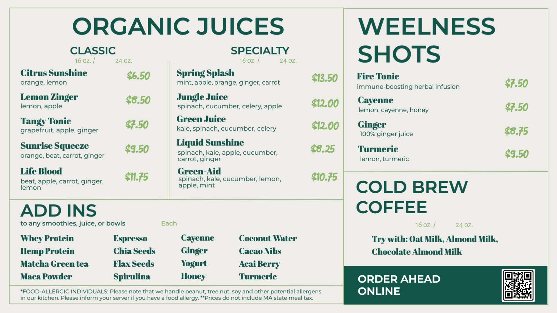 Pure Pressed Juices & Wellness Shots Menu