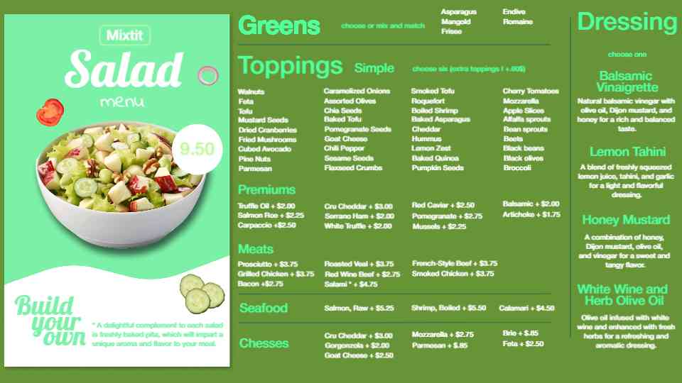 Custom Greens & Toppings Menu