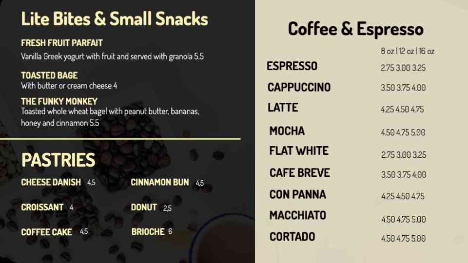 Fresh Brew & Snack Delights Menu