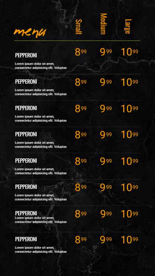 Sleek Pizza Pricing Menu