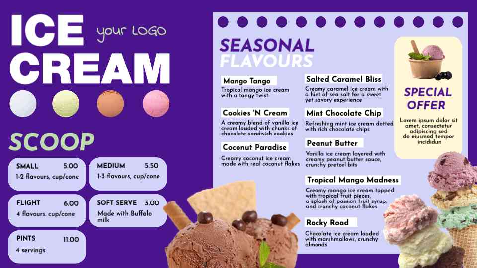 Seasonal Scoops & Ice Cream Menu