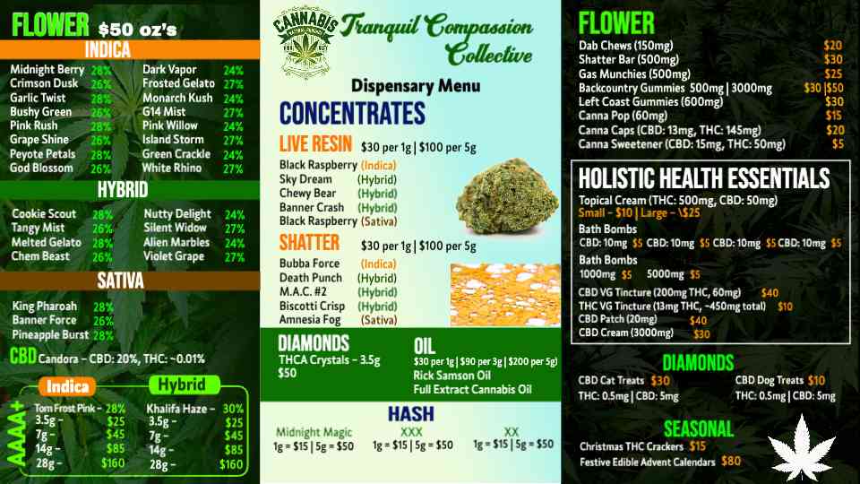 Comprehensive Cannabis Dispensary Menu