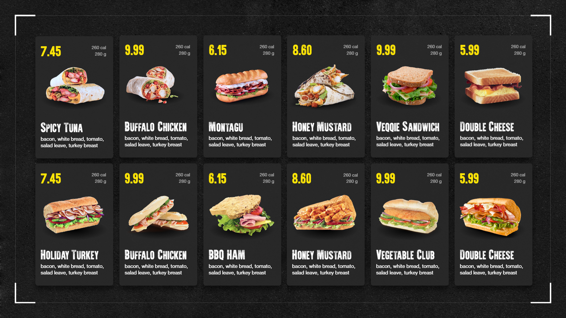 Sleek Horizontal Sandwich Menu for Digital Display Boards
