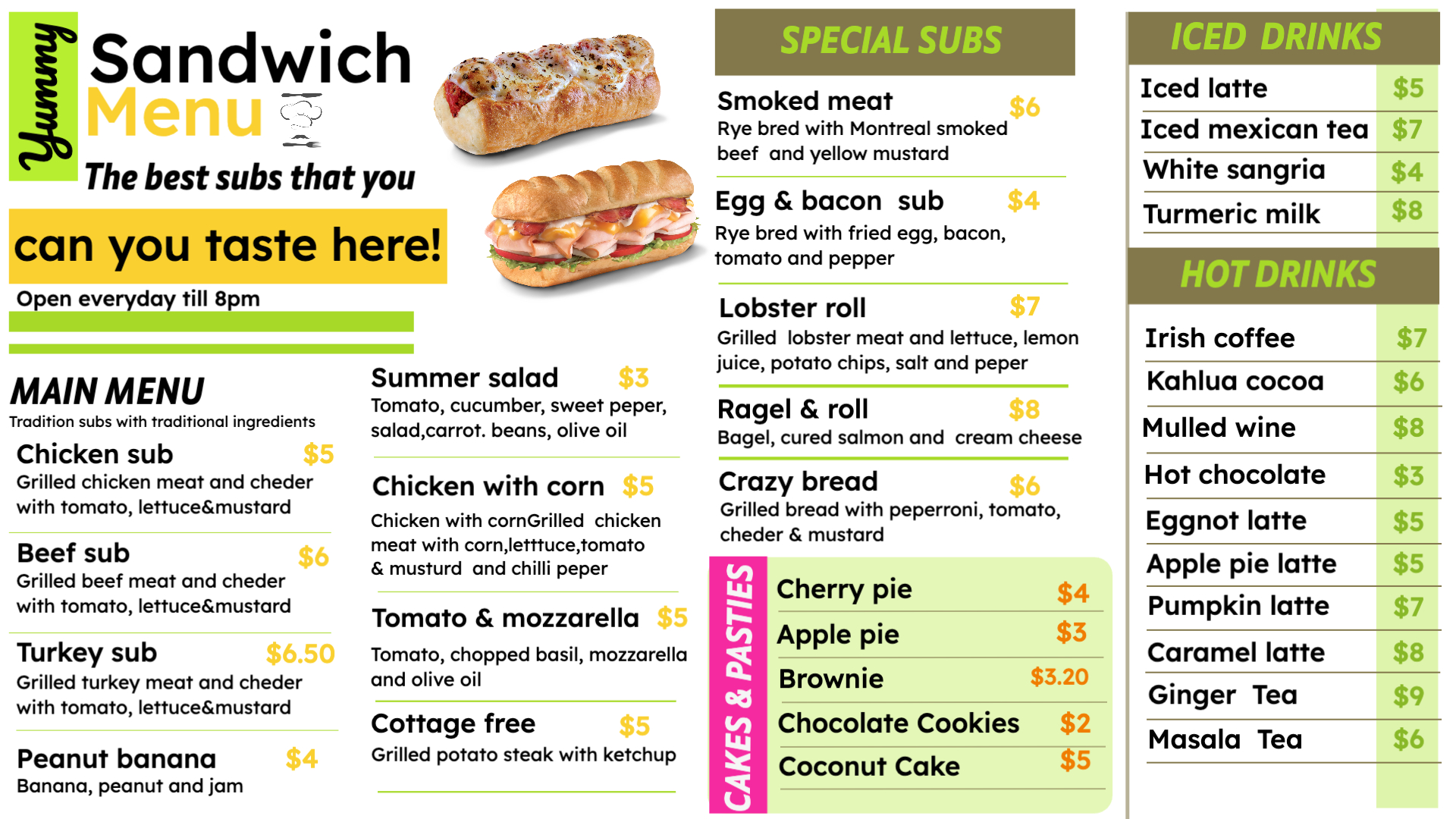 Tasty Bites Sandwich & Treats Menu