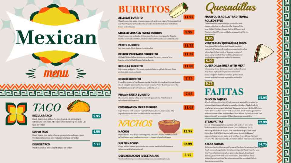 Bill’s Mexican Fiesta Menu Display