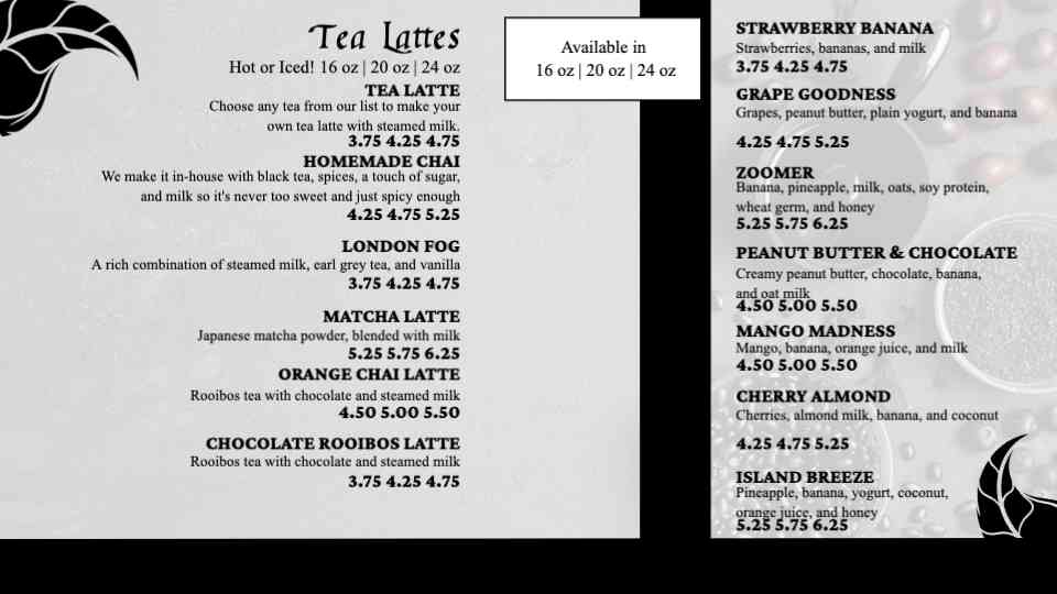 Elegant Tea & Latte Menu