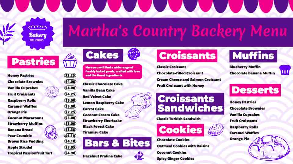 Martha’s Country Fresh Bakery Menu