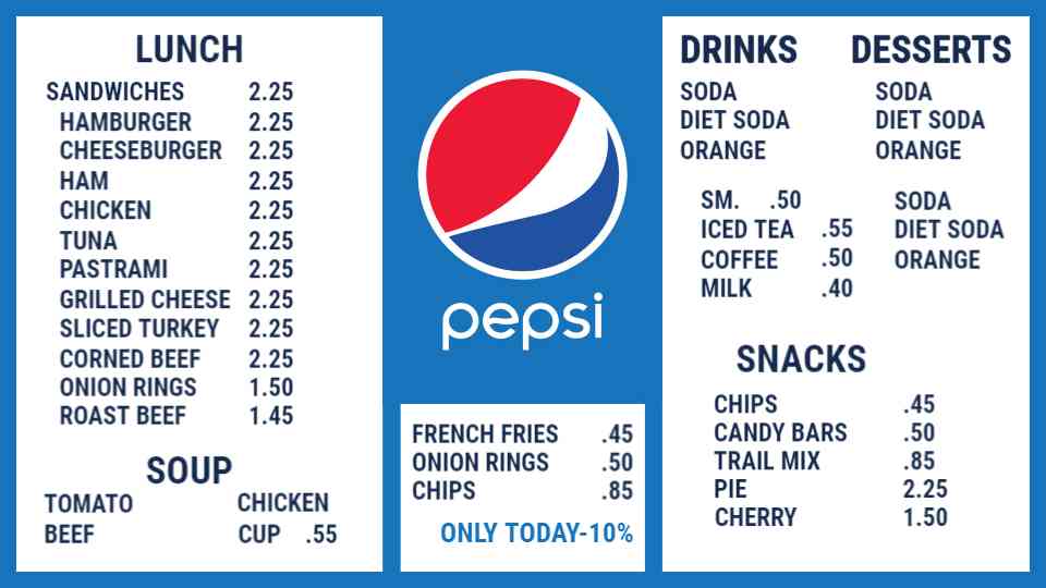 Pepsi Diner Specialties Menu