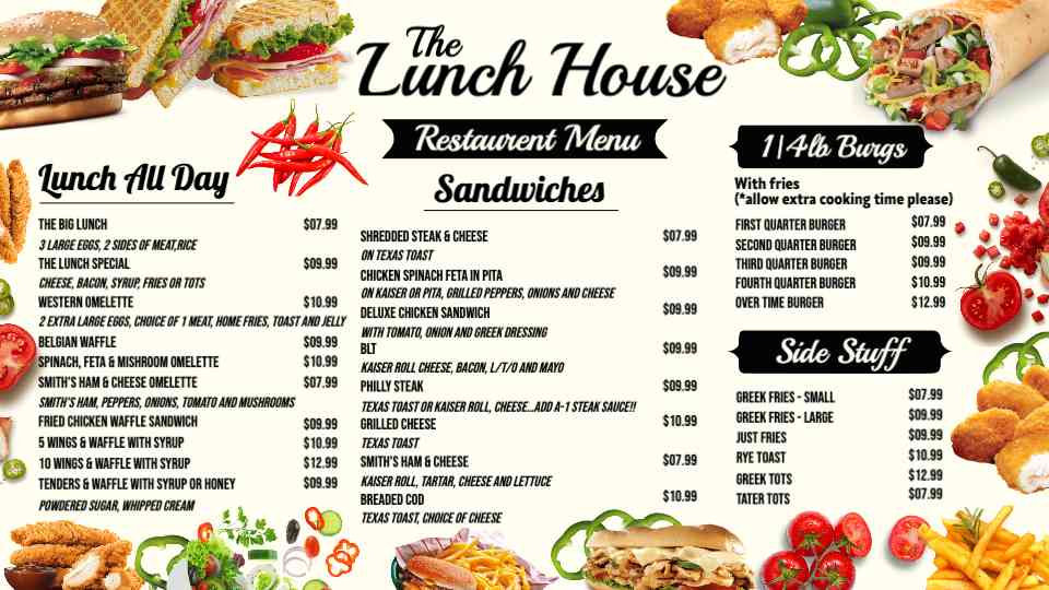 The Lunch House Hearty Meal Menu