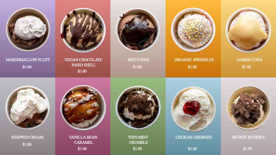Gourmet Ice Cream Toppings Menu