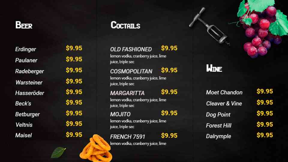Elegant Cocktail & Beverage Menu Display