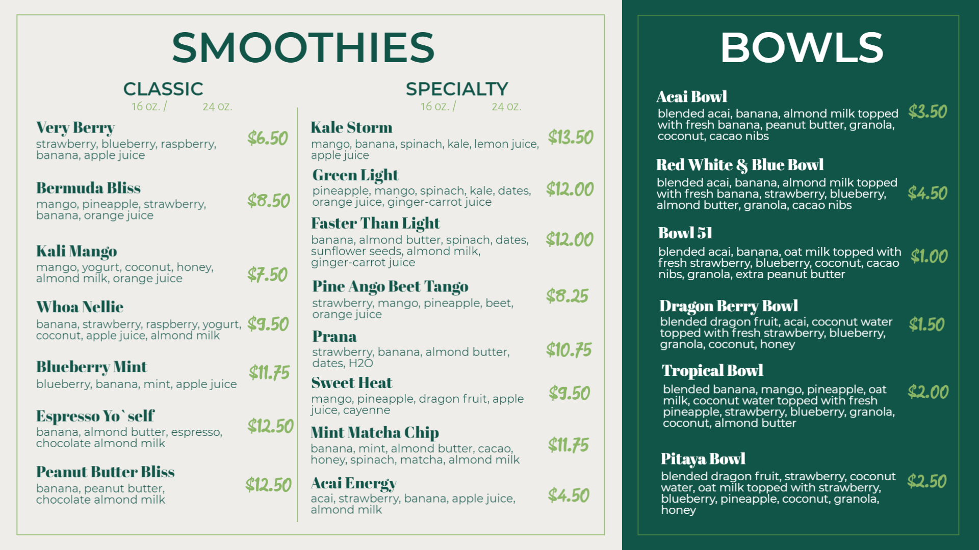 Farm Fresh Juices & Smoothie Selections Menu