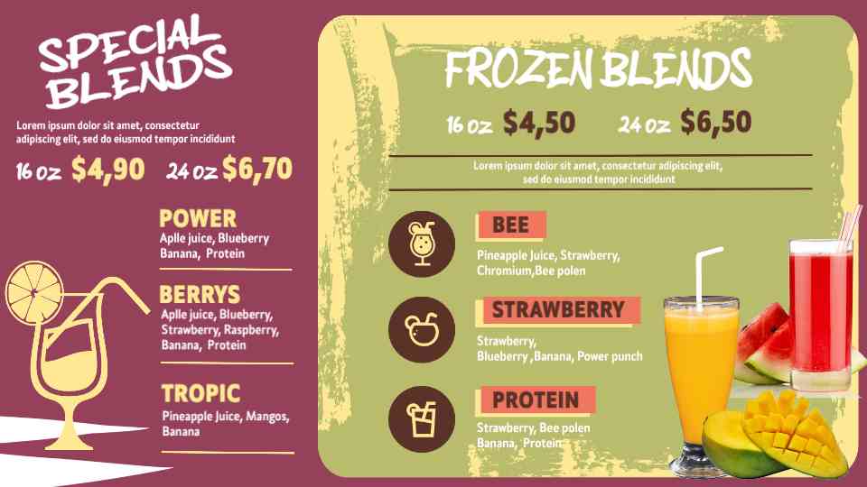 Power Blends & Frozen Smoothie Creations Menu