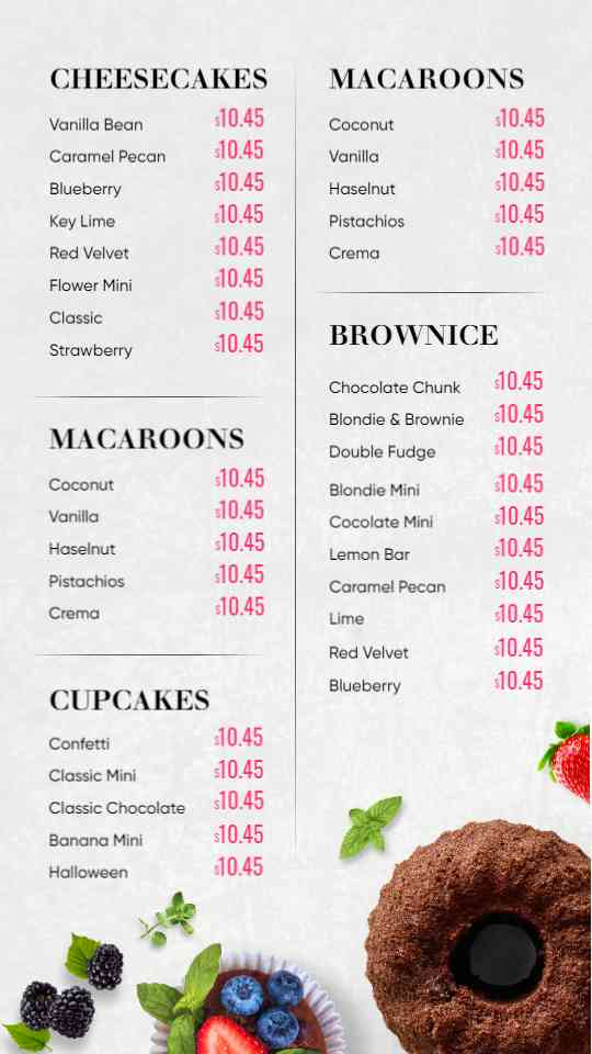 Elegant Bakery Treats Menu