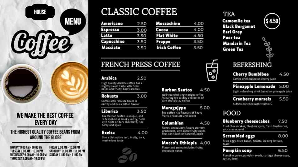 Timeless Coffeehouse Menu