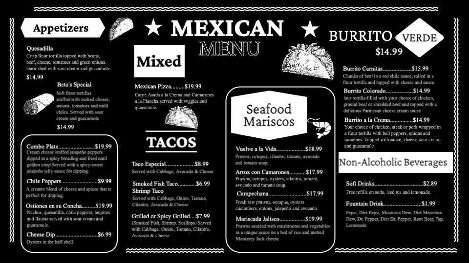 Classic Mexican Chalkboard Menu Display