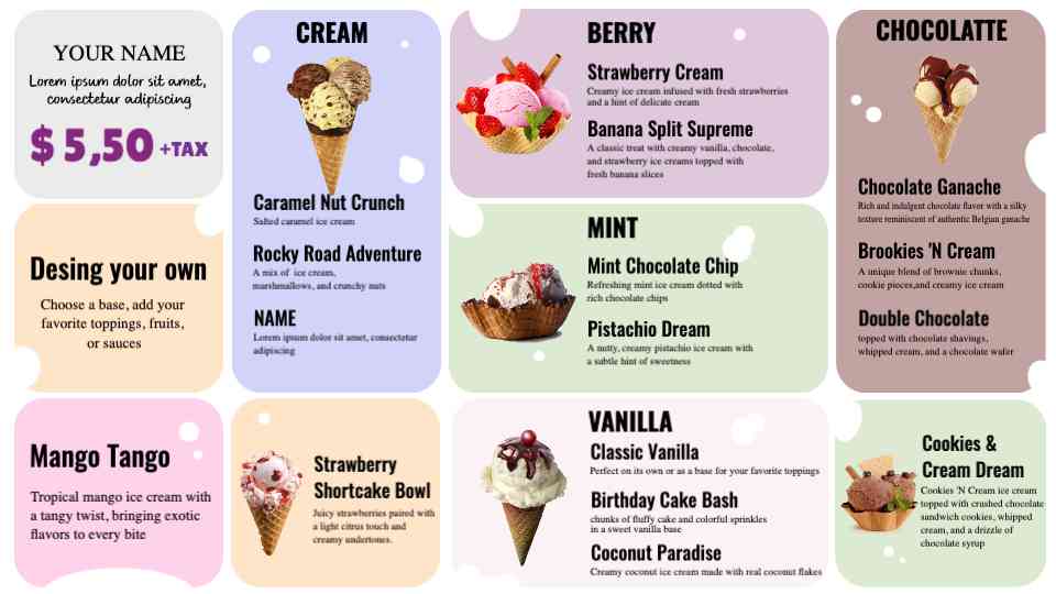 Vibrant Ice Cream Flavors Menu