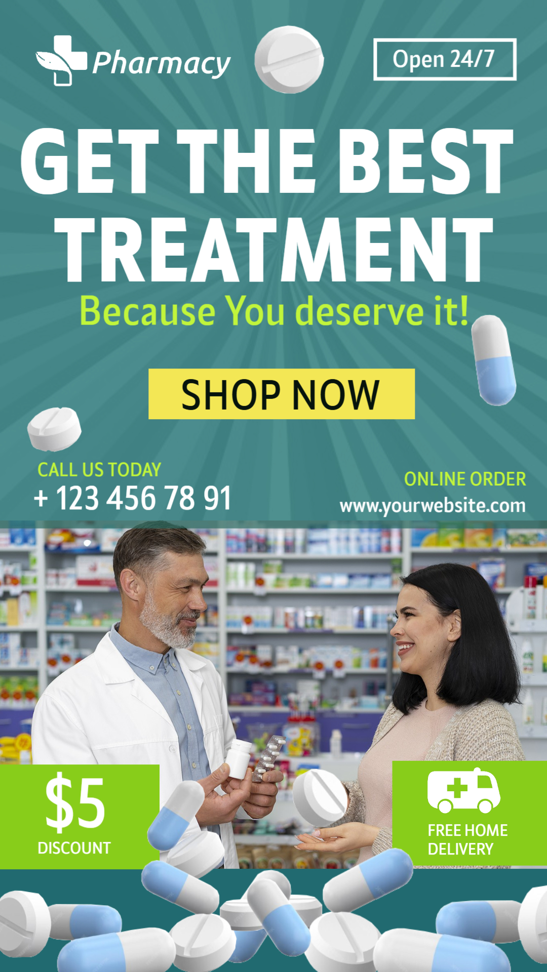 Pharmacy Store Treatment Promotion Template – Free Home Delivery Design